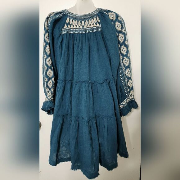 Free People V-neck oversized fit embroidered teal tunic top size small - Picture 10 of 15